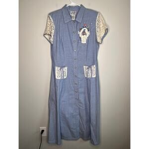 1990s Lacy After Noon Denim Chambray Coquette Cottage Floral Lace Maxi Dress L